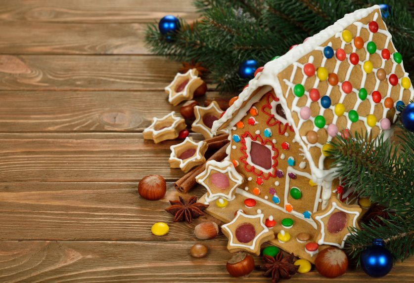 Christmas gingerbread house decorated with colorful candies