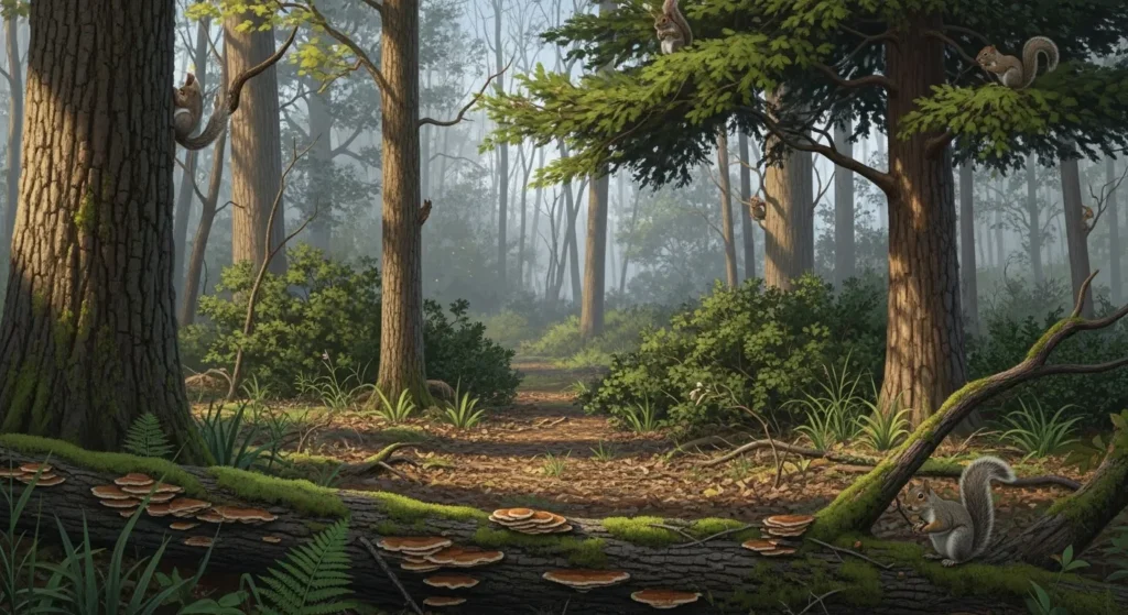 Wide shot of Eastern Gray Squirrel habitat: a mixed woodland with mature trees.