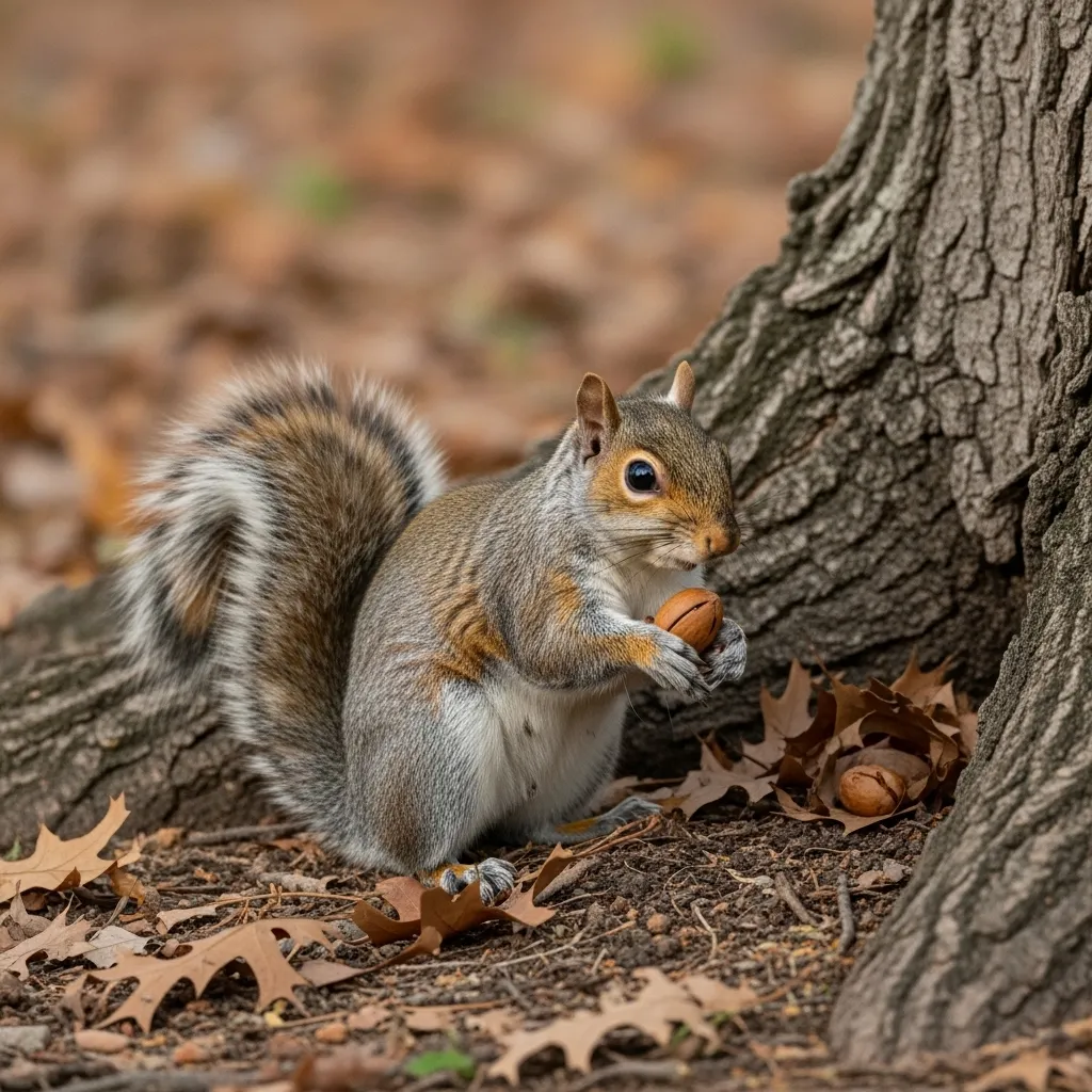 Gray squirrel performing deceptive caching behavior to protect its stash.