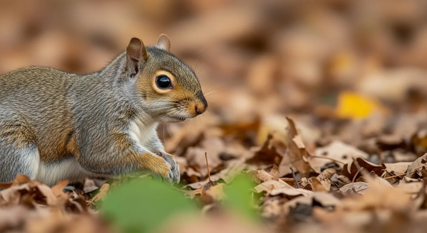 Eastern Gray Squirrel foraging in leaf litter, viewed from afar.