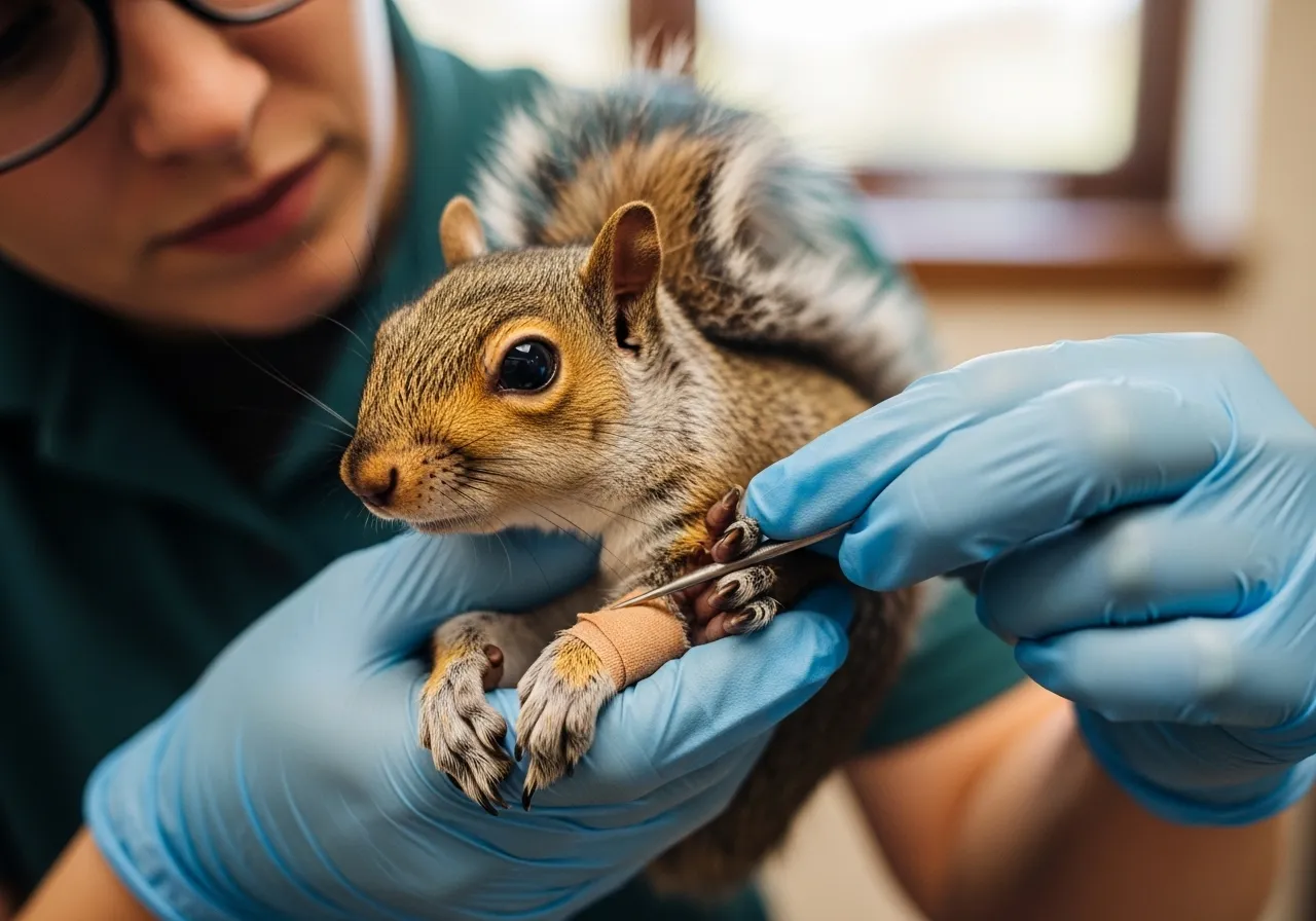 Wildlife rehabilitator examining an injured gray squirrel.