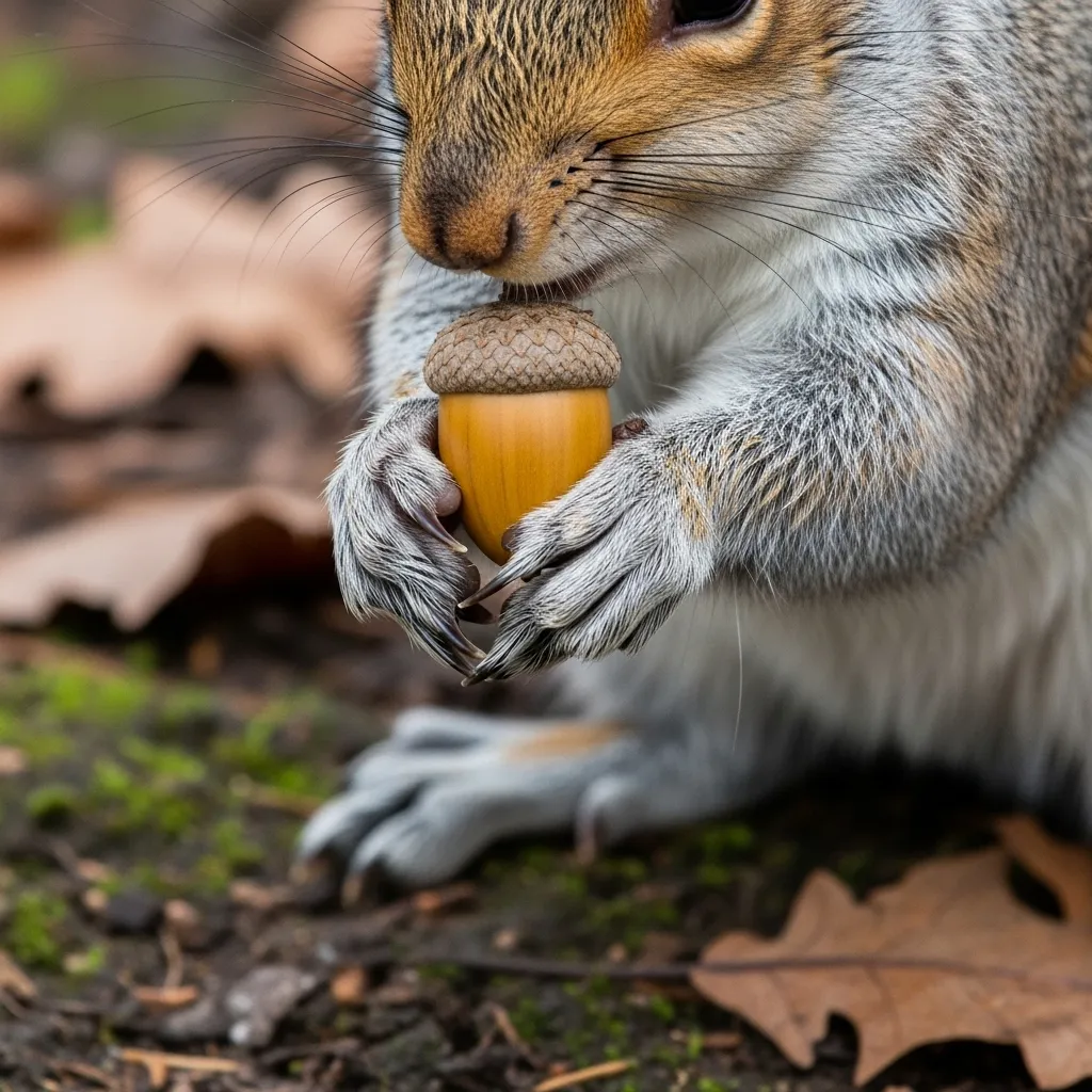 Squirrel's paw holding nut, showing dexterity.