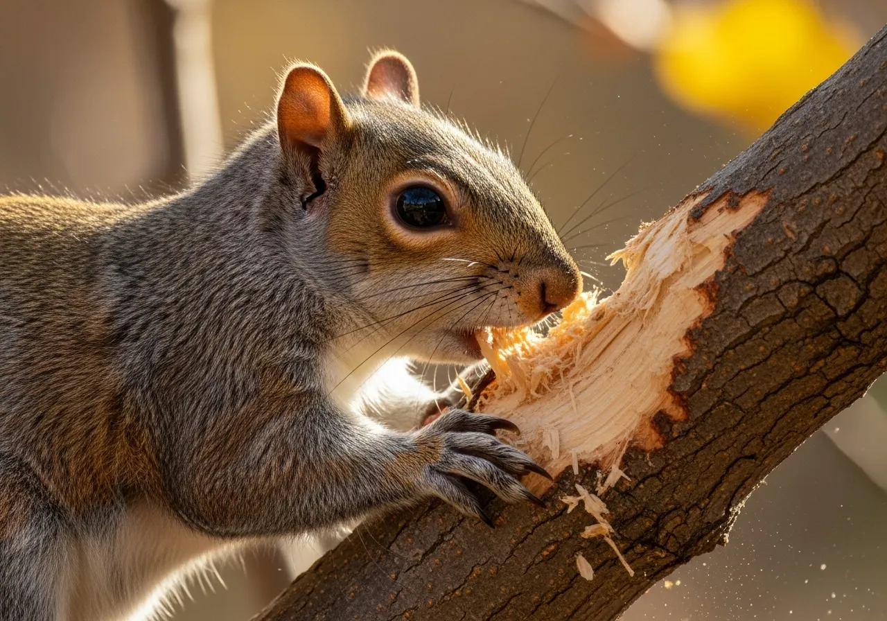 Gray squirrel gnawing on a branch, illustrating how the teeth maintain a sharp edge.
