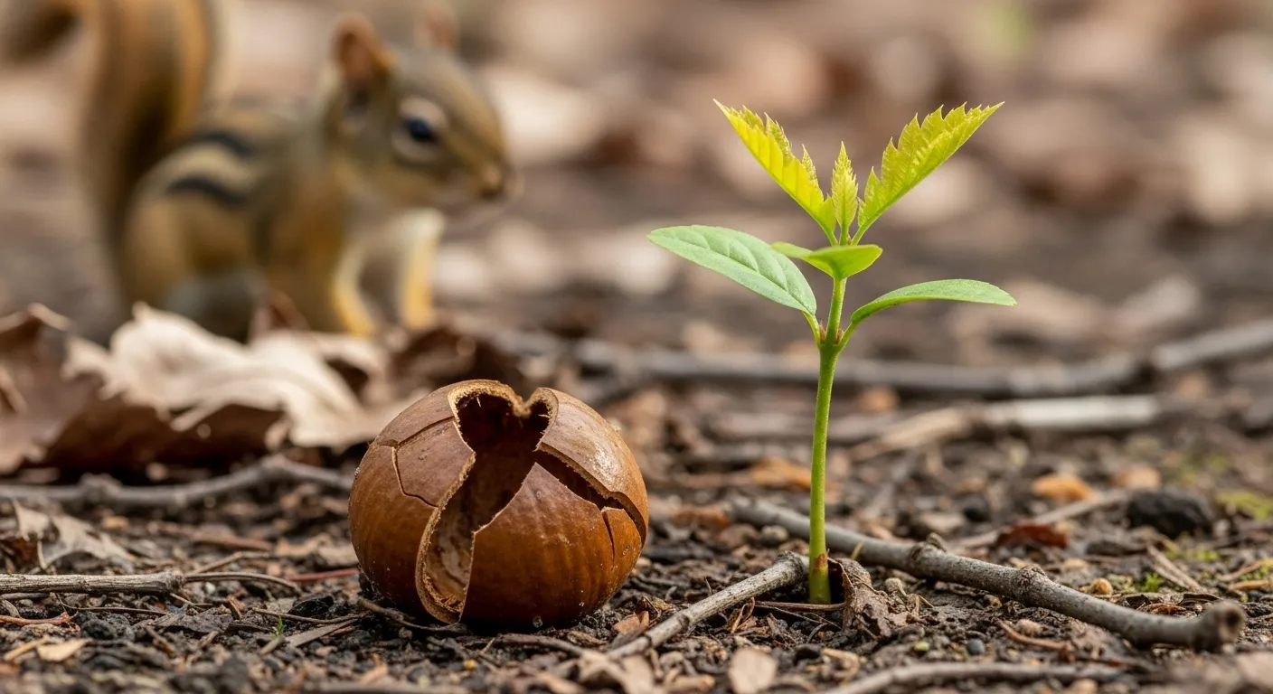 Sprouting sapling near empty nut shell, evidence of squirrel activity.