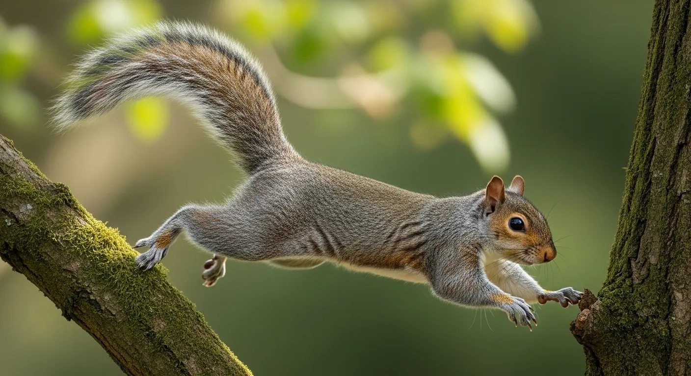 Gray squirrel mid-leap between trees, tail outstretched for balance.