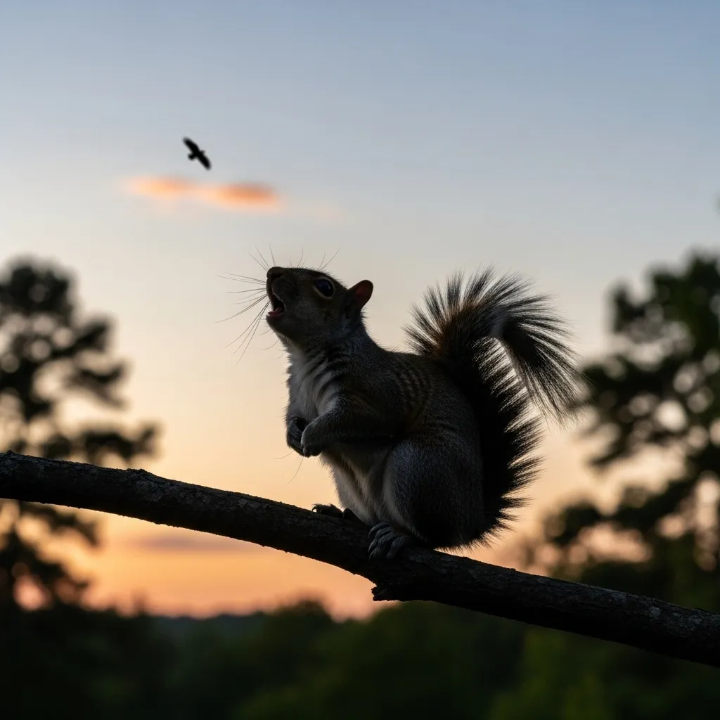 Squirrel silhouette against the sky, giving a screeching alarm call for an aerial predator.