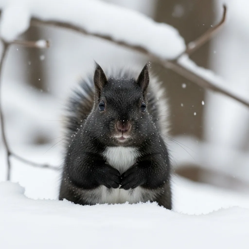 Black Eastern gray squirrel in snow, demonstrating melanism.