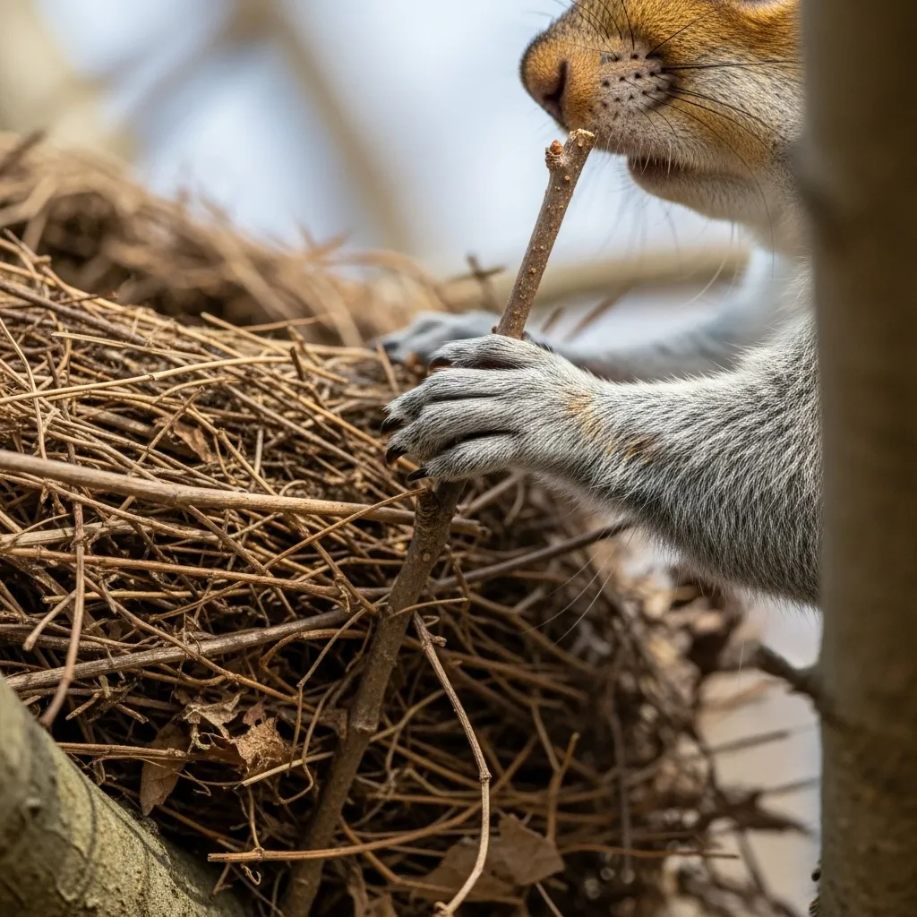 Squirrel's paw manipulating twig during drey construction.
