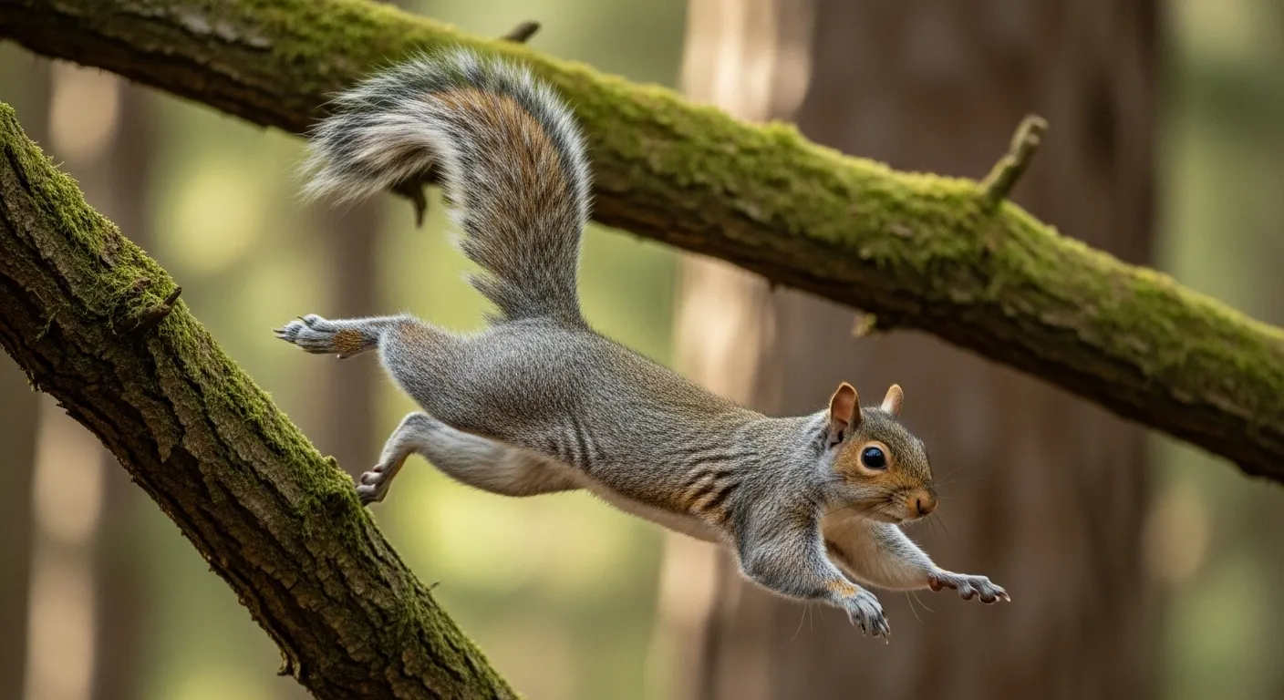 Gray squirrel leaping between branches, showing its agility and balance.
