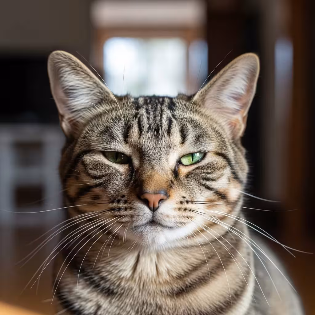 Content cat with soft eyes, ears forward, relaxed body.