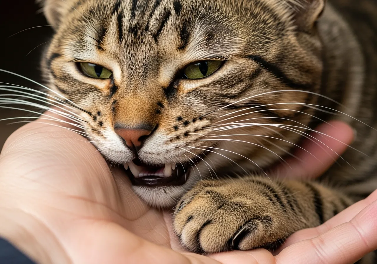 Cat gently biting a hand while being petted, depicting petting-induced overstimulation.