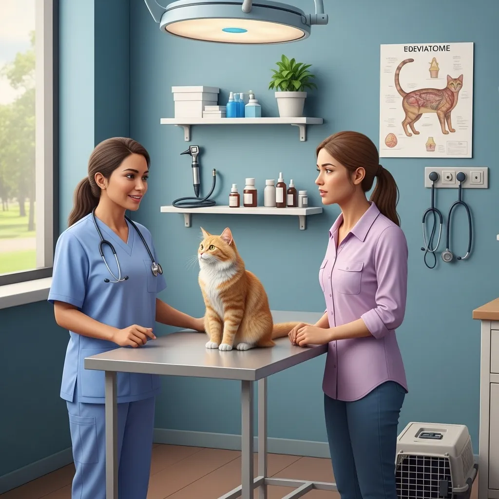 Vet and owner discuss cat's behavior and well-being during a check-up.