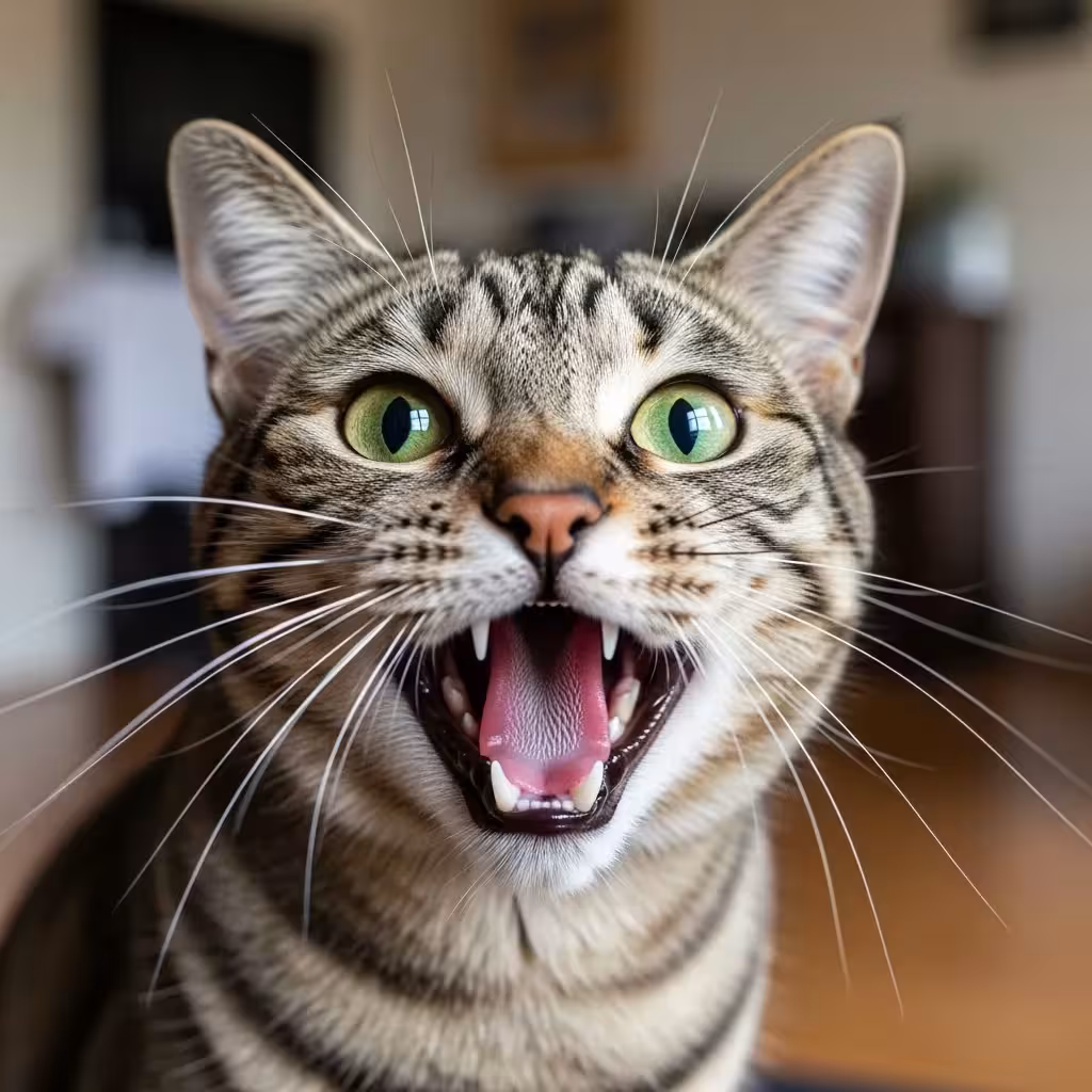 Domestic cat meowing, likely directed at a human.