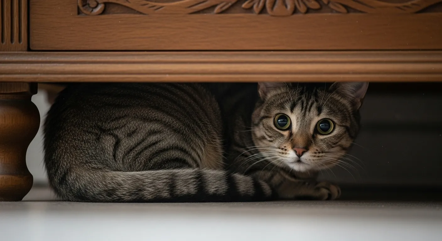 Cat hiding with tail tucked, showing fear or anxiety.