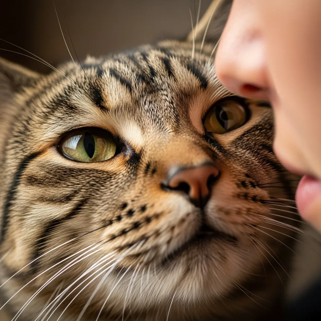 Domestic cat slowly blinking, showing trust and affection.