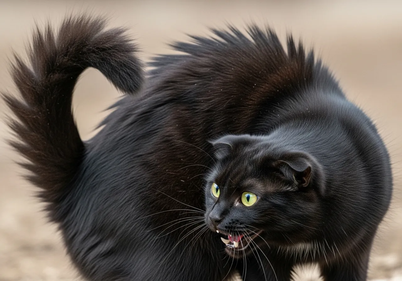A cat arches its back, fur on end, demonstrating the defensive