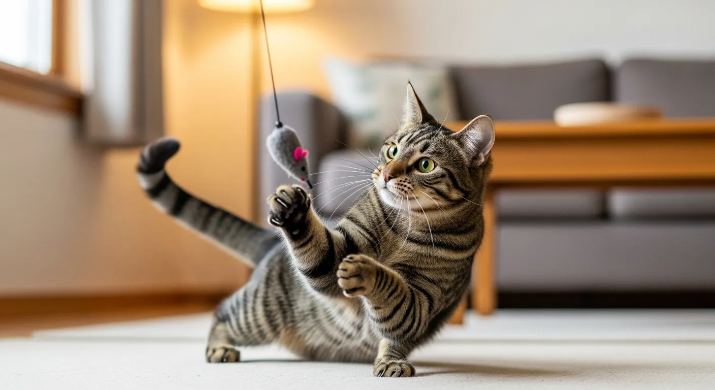 Happy tabby playing, relaxed posture, engaged expression.