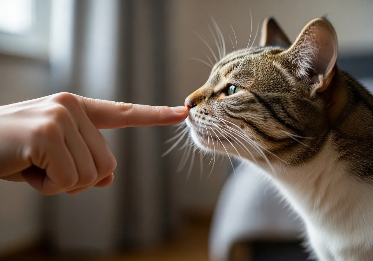 Cat performing consent test, sniffing an extended finger.