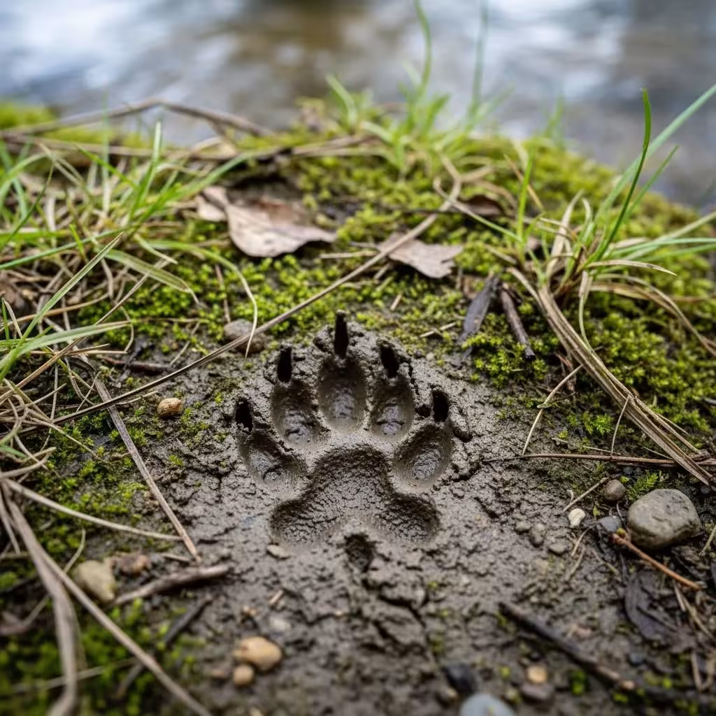 Raccoon tracks in mud.