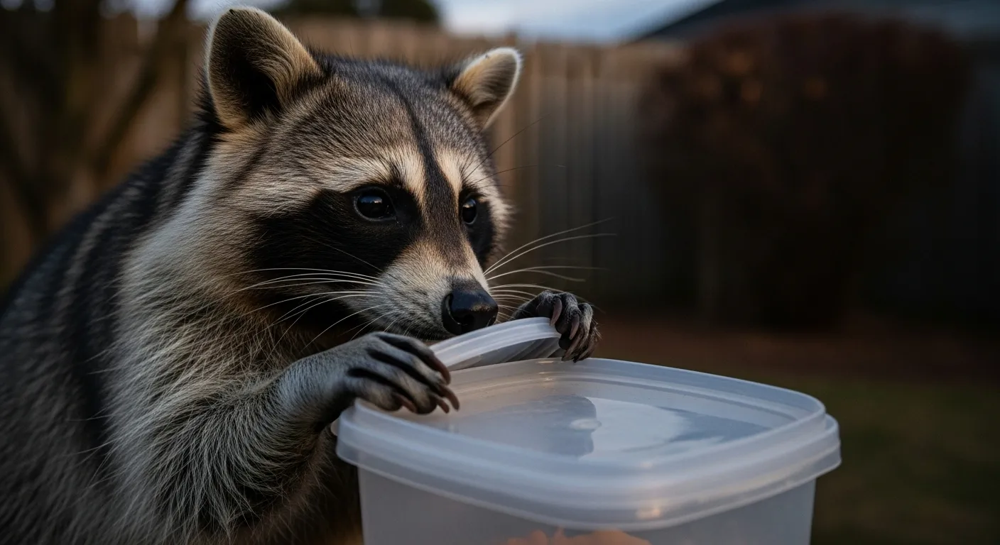Raccoon opening a container, highlighting paws and facial mask.