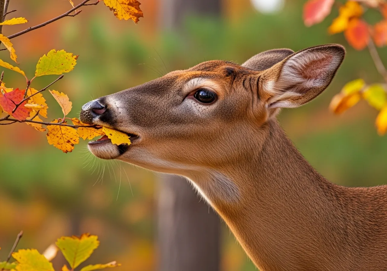 Deer feeding on leaves in fall foliage.