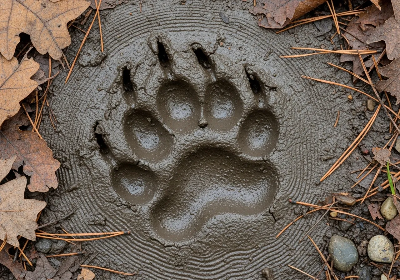 Black bear paw print in mud, showing claws and toes.