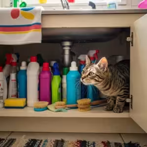 Kitten investigates cleaning supplies under sink; potential pet hazard.