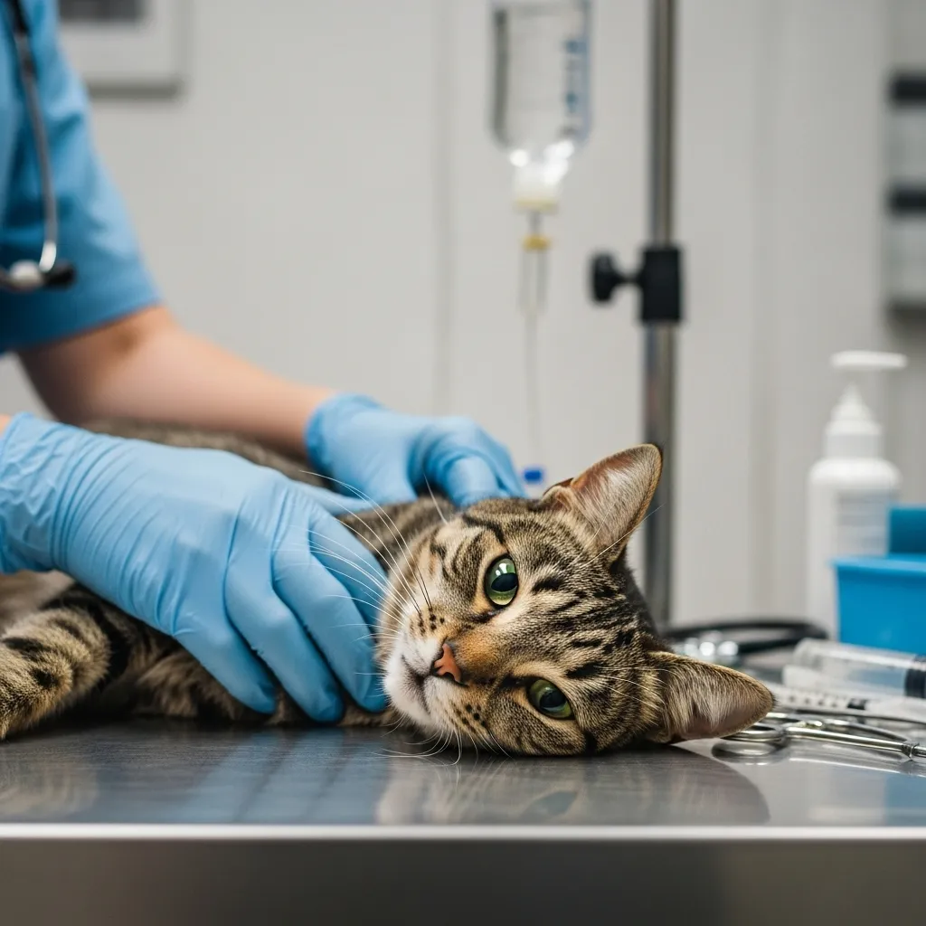 Vet examining cat receiving IV treatment, likely after antifreeze poisoning.
