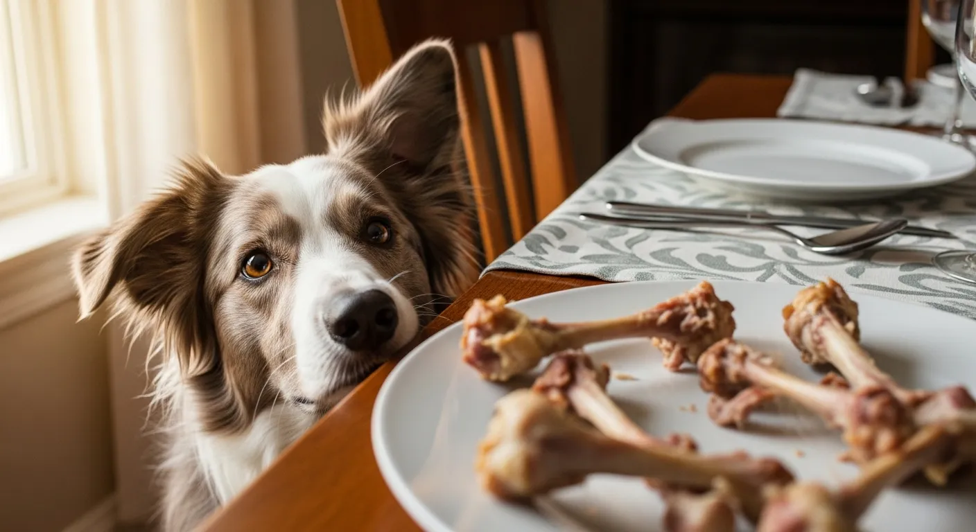 Dog near cooked chicken bones, illustrating a common pet hazard.