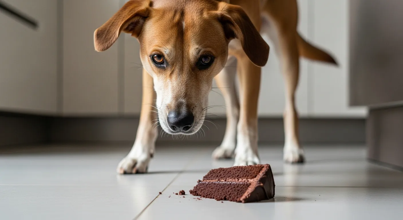 Dog looking at chocolate cake.