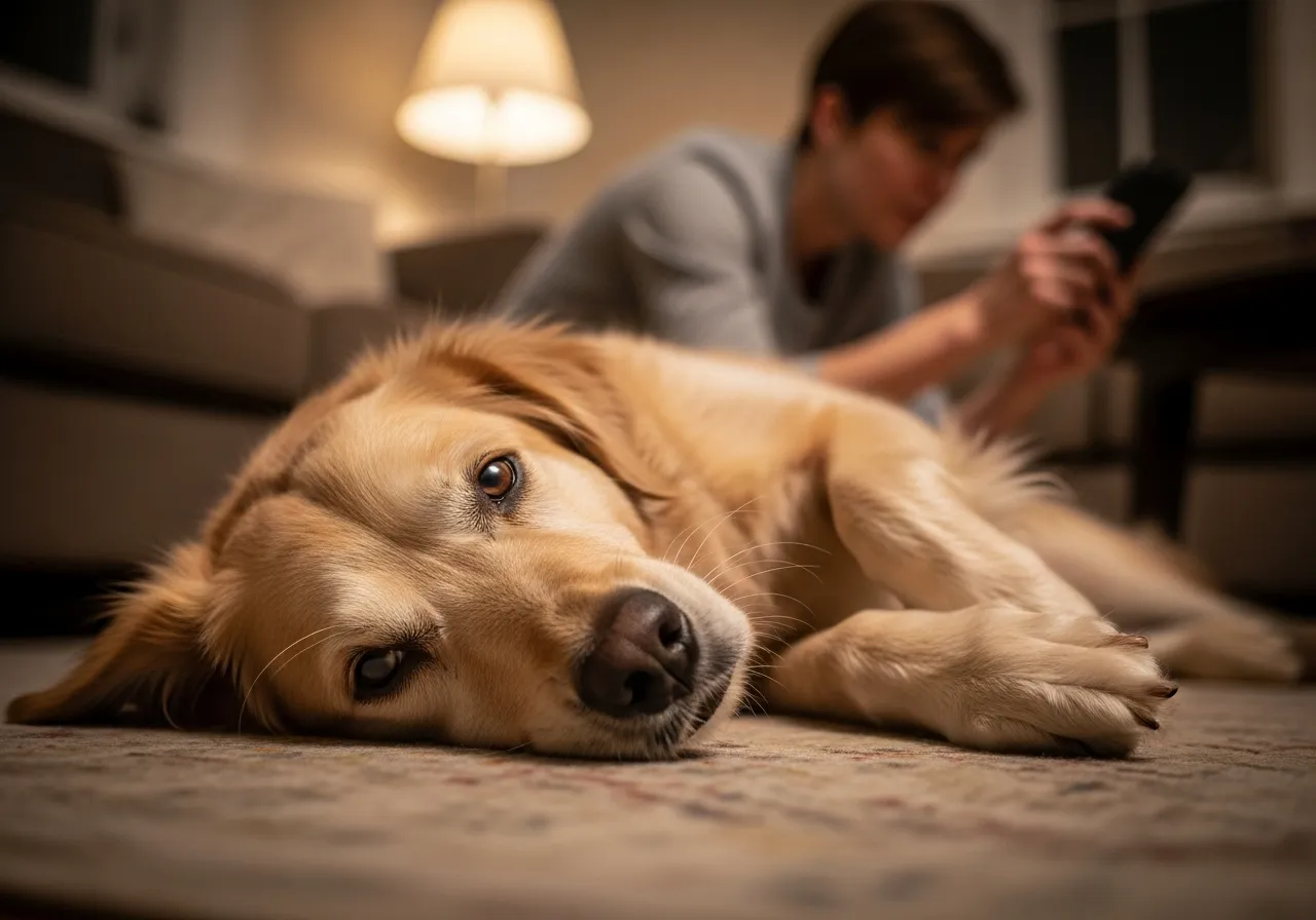 Dog experiencing sudden collapse and weakness, with owner reacting in the background.