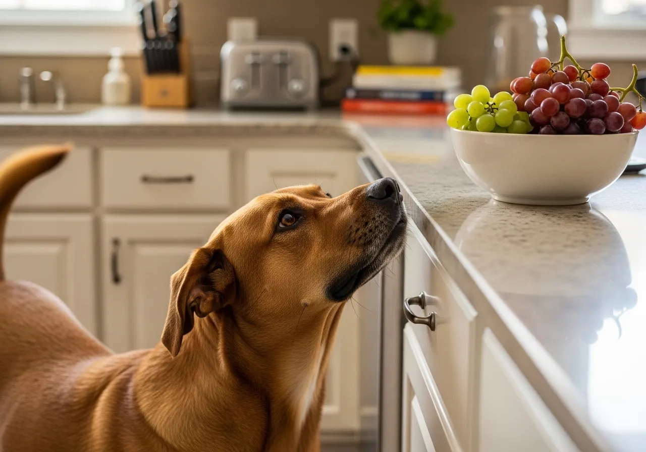 Dog looking at grapes on counter, a common household danger.
