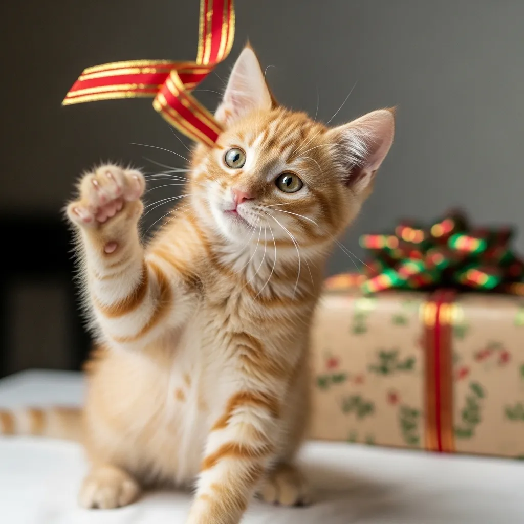 Kitten playing with ribbon, a potential choking hazard.