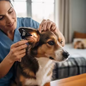 Vet checking a healthy mixed-breed dog's ears.