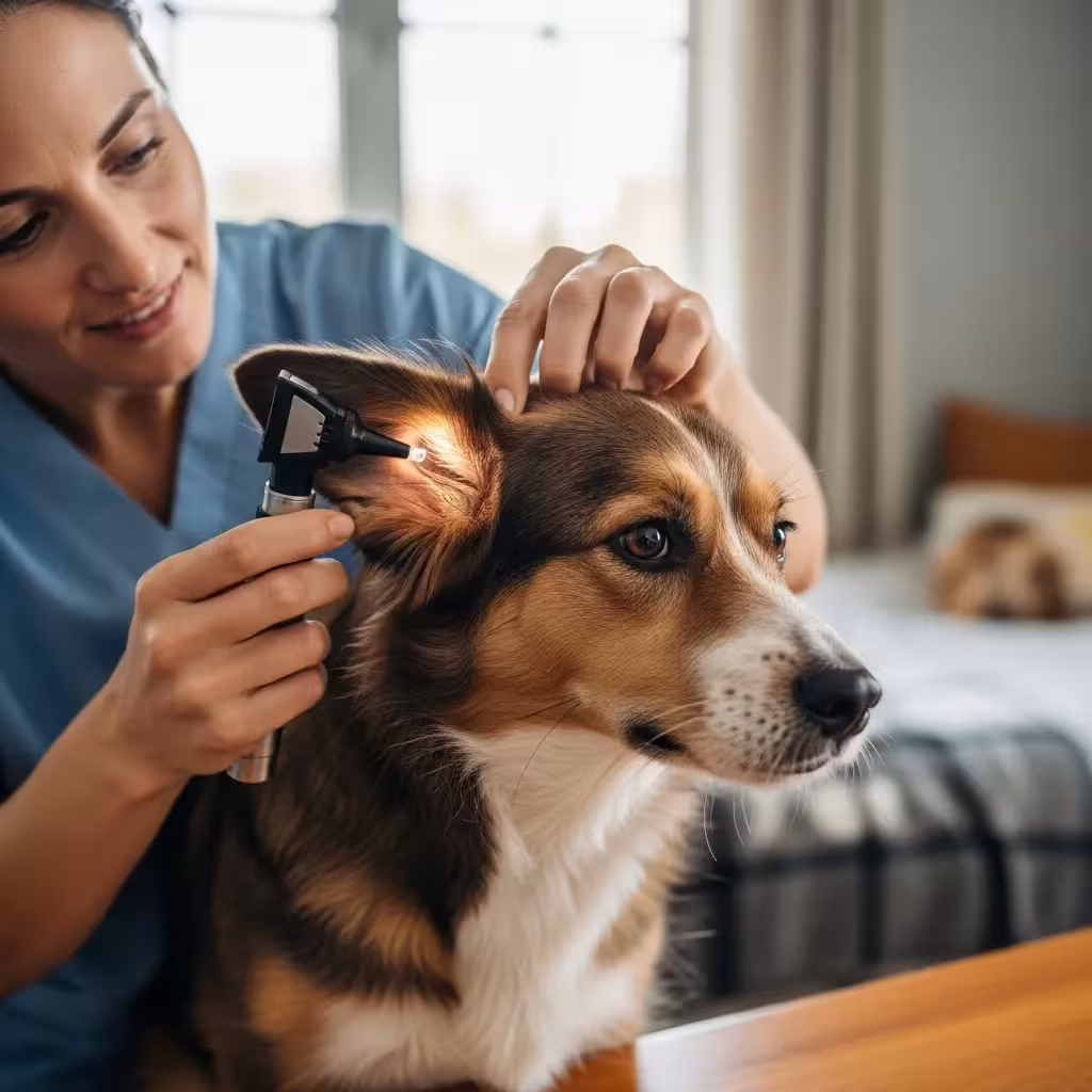 Vet checking a healthy mixed-breed dog's ears.