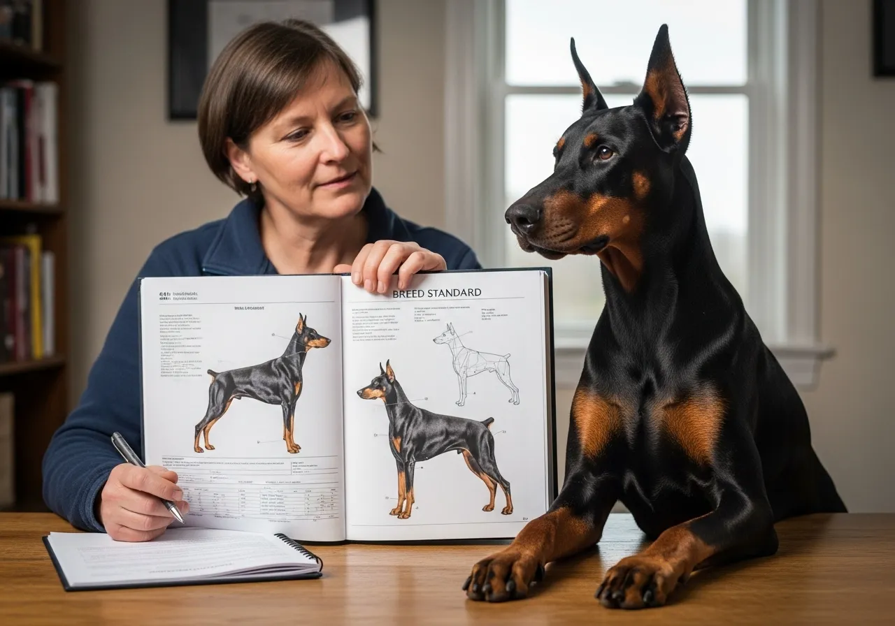 Breeder comparing a dog to its breed standard documentation, highlighting conformation.