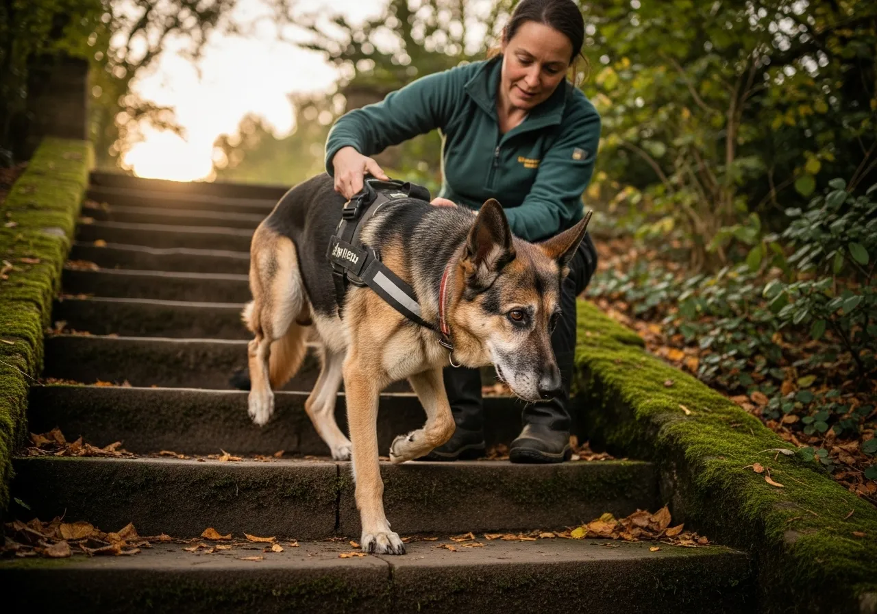 German Shepherd Dog with hip dysplasia carefully using stairs.