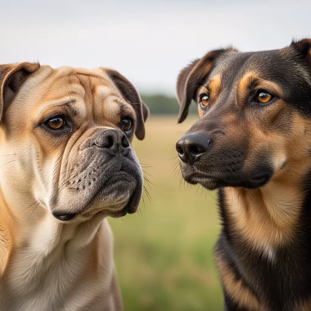Comparison of a purebred dog with visible health issues and a healthy mixed-breed dog, illustrating potential health differences.