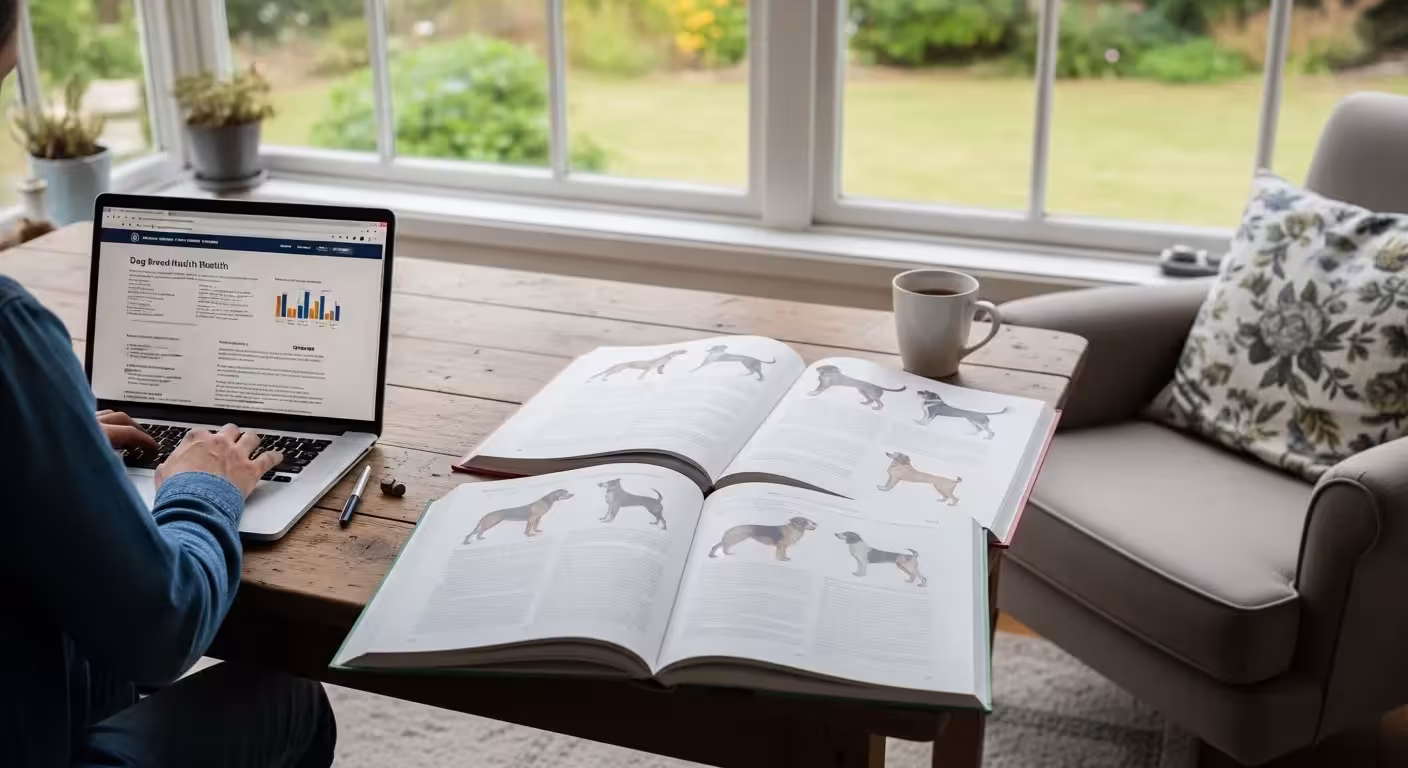 Person researching dog breeds, considering health aspects.