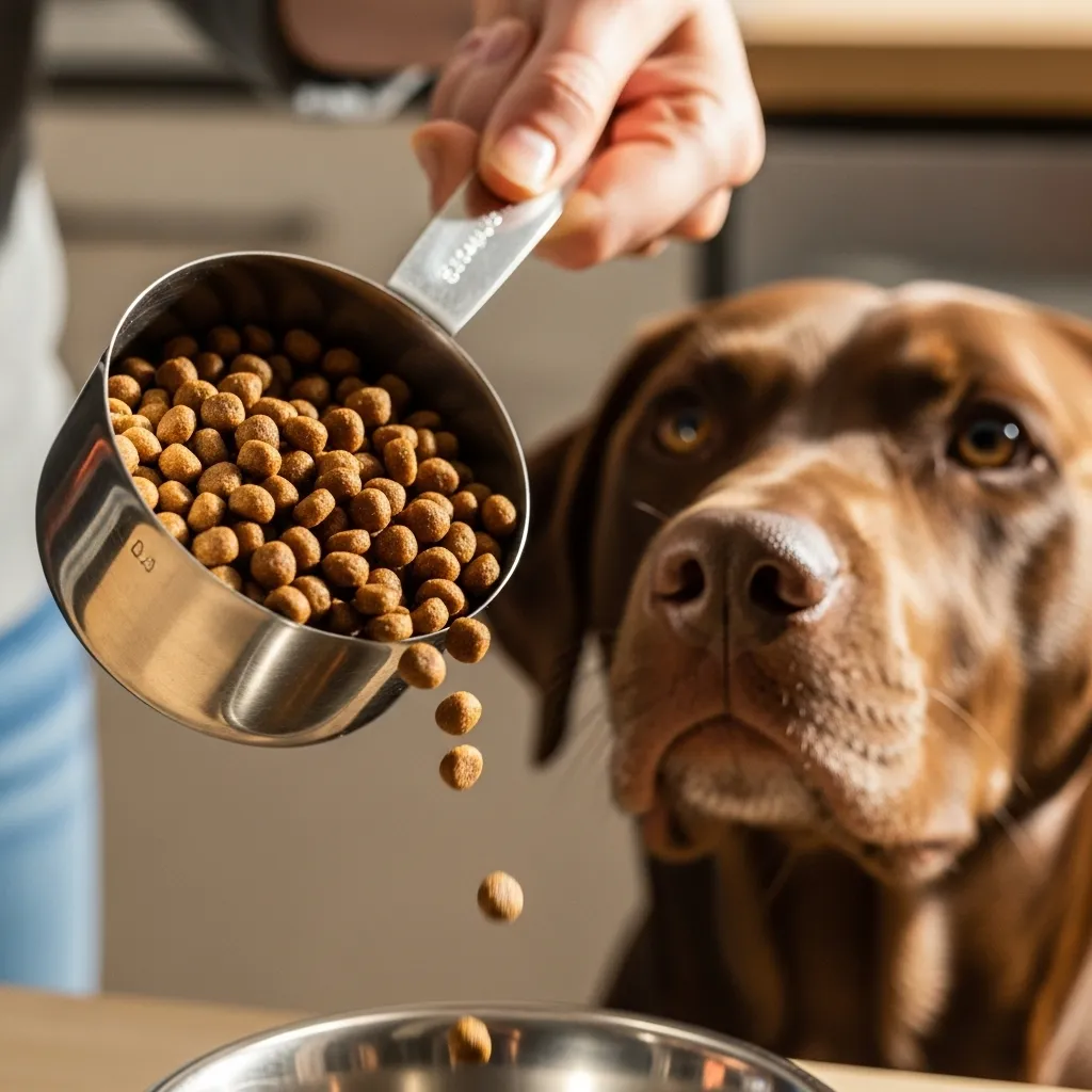Dog owner carefully measures kibble with a cup, demonstrating proper portioning for a healthy pet diet.