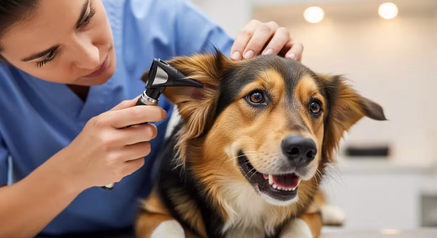 Veterinarian examining a mixed-breed dog.
