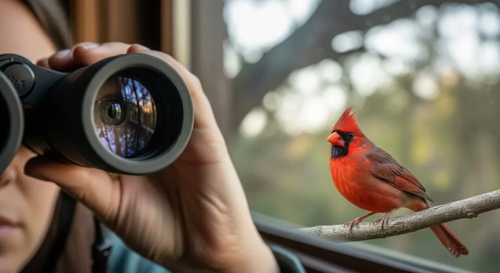 Person using binoculars to observe a bird from indoors.