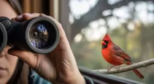 Person using binoculars to observe a bird from indoors.