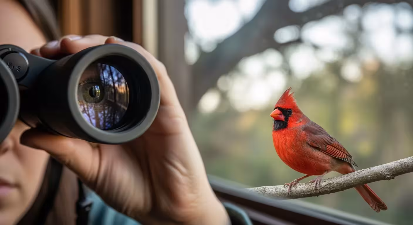 Person using binoculars to observe a bird from indoors.