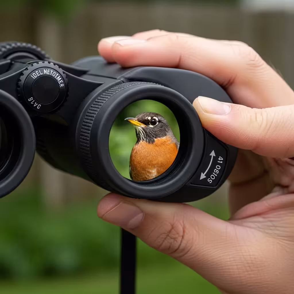 Hands holding binoculars focused on a bird in a backyard.