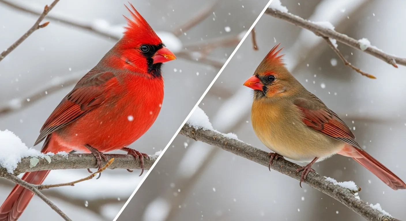 Male and female Northern Cardinals perched together, illustrating their size and plumage differences.
