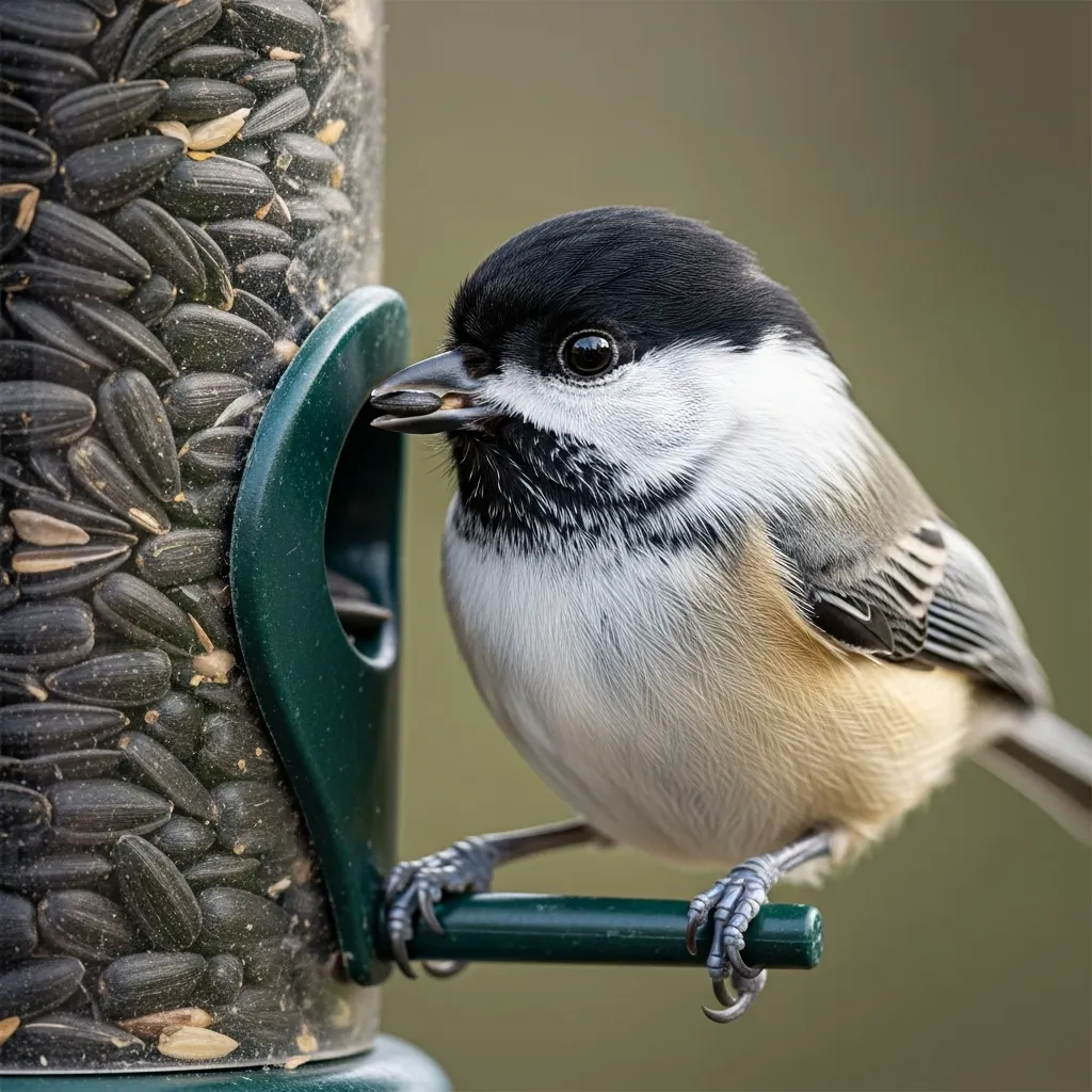 Chickadee feeding from a tube feeder filled with seeds.