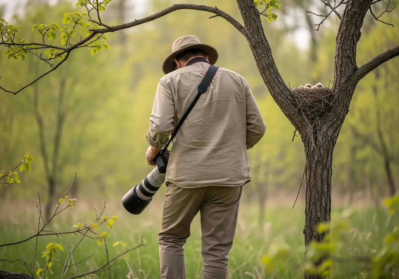Photographer retreating from nest, prioritizing bird's well-being.