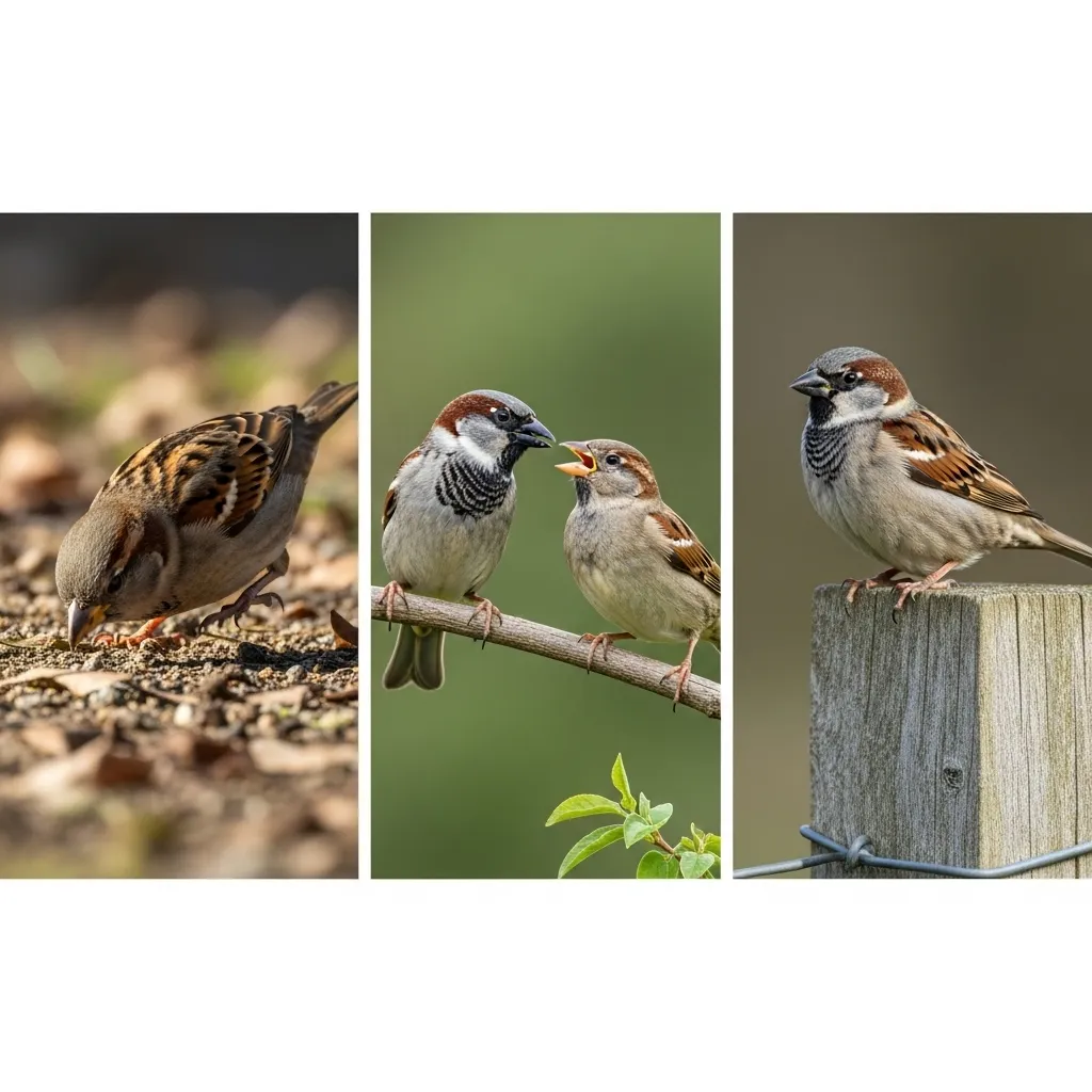 House Sparrow exhibiting various behaviors.
