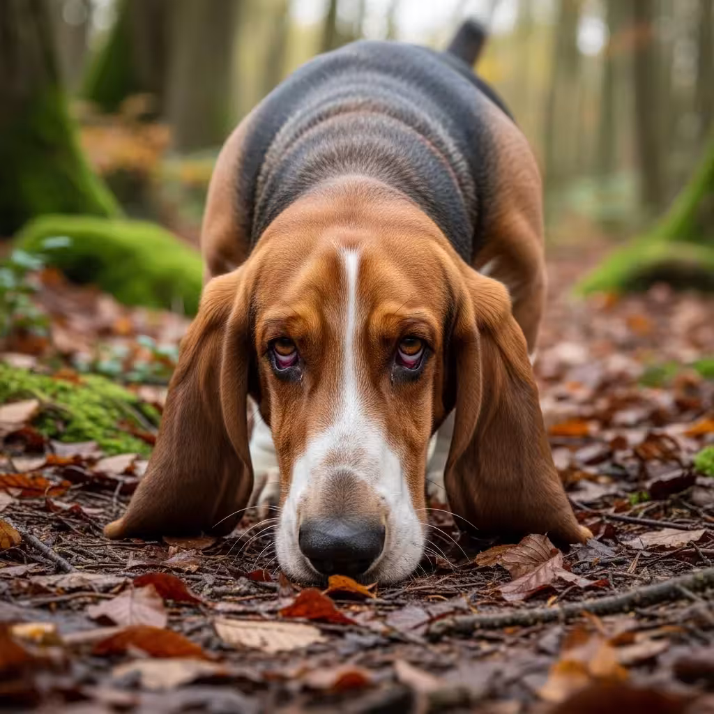 Basset Hound following a scent trail.